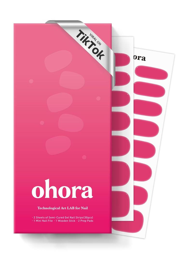 ohora Semi Cured Gel Nail Strips (N It's That Pink) - Works with Any Lamps, Salon-Quality, Long Lasting, Easy to Apply & Remove - Includes 2 Prep Pads, Nail File & Wooden Stick