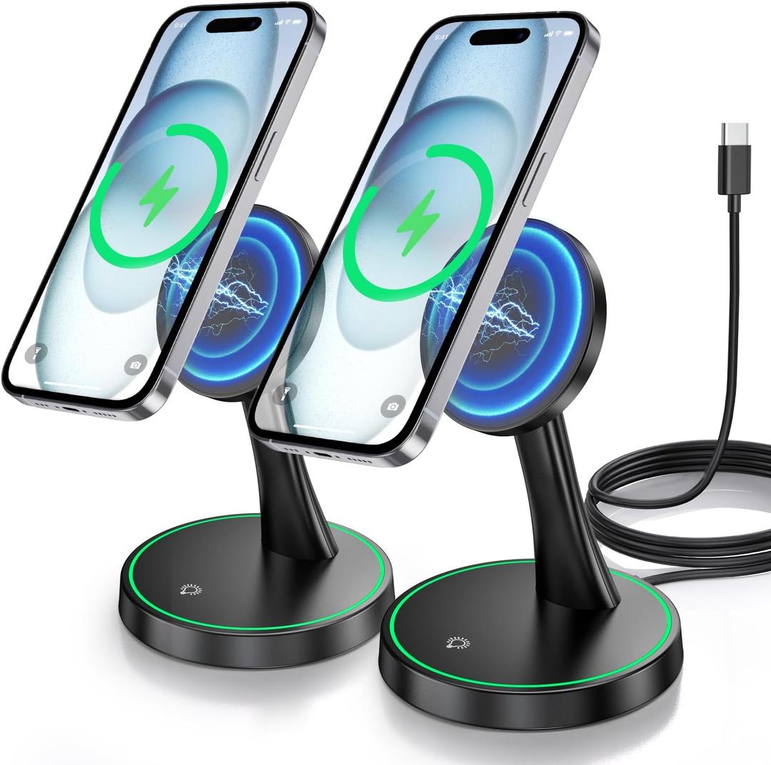 2 Pack Magnetic Wireless Charger Stand 15W Fast Mag-Safe Charger for iPhone iPhone 17 /17 pro/ 17 Air/ 17 pro max 16/15/14/13/12 Series Magnet Wireless Charging Station with Light for AirPods