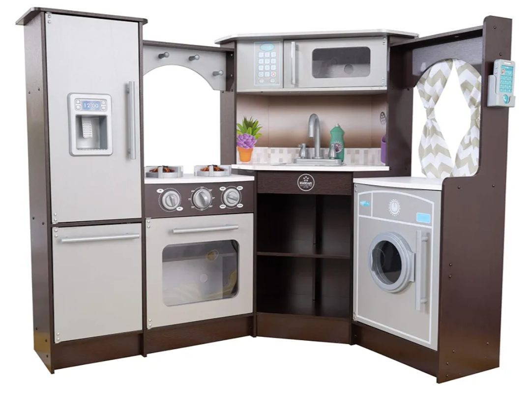 KidKraft Ultimate Corner Wooden Play Kitchen with Lights & Sounds, Play Phone and Curtains, Espresso, Gift for Ages 3+