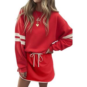 SELINK Womens Striped 2 Piece Outfit Tracksuit Oversized Lounge Set Casual Top and Skorts Matching Sets Red-M
