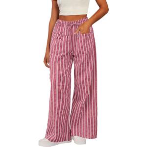 Acelitt Women Casual Drawstring Elastic Waist Loose Wide Leg Striped Pants with Pockets,  (Large)