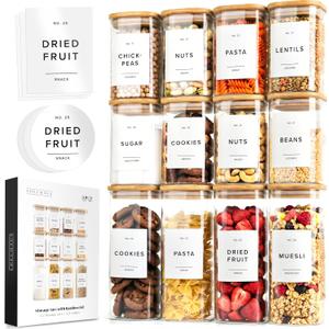 Square Glass Storage Containers with Bamboo Lids 12-Pack (4x 30 oz, 8x 17 oz) Airtight Storage Jars with Lids for Food, Stackable Kitchen Canisters with 114 Labels for Pantry [Thicker Glass 3mm]