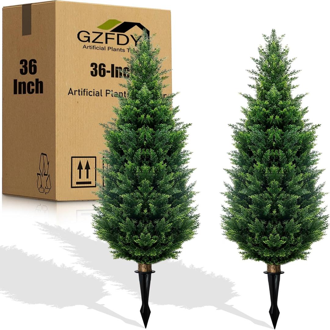 3Ft Artificial Cedar Topiary Trees (2-Pack) - UV Resistant Fake Shrubs with Ground Spike for Outdoor & Indoor Use, Front Porch, Garden Decor