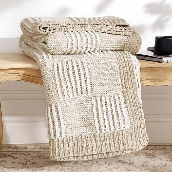 Amélie Home Checkered Knit Throw Blanket for Couch, Chenille Texture Decorative Soft Blanket for Sofa & Chair, 50"x60", Khaki & White