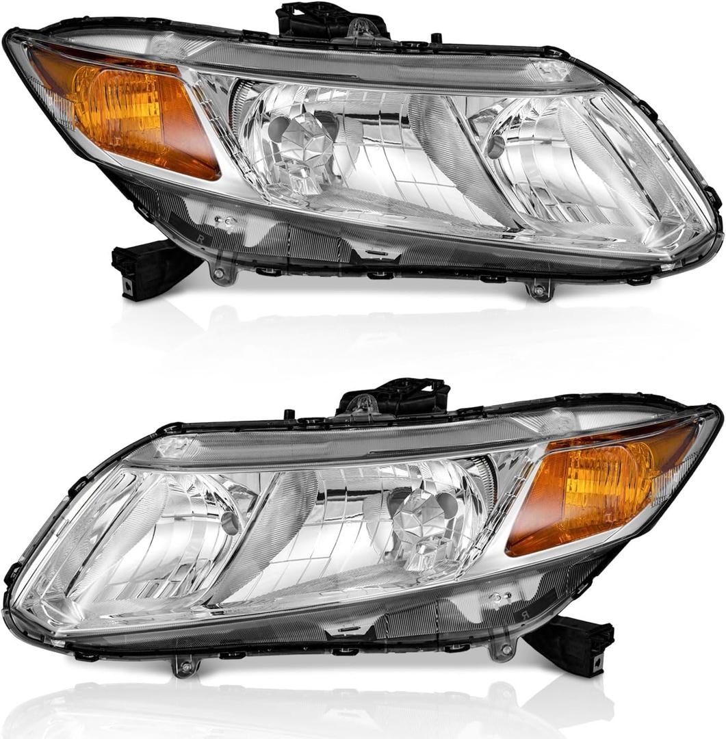 WEELMOTO for 2012-2015 Honda Civic 4Dr Sedan Headlights for 12-13 Honda Civic 2Dr Coupe Pair Headlamp Chrome Housing Amber Reflector Left+Right Side (Does NOT Fit Hybrid or Hybrid-L Models)