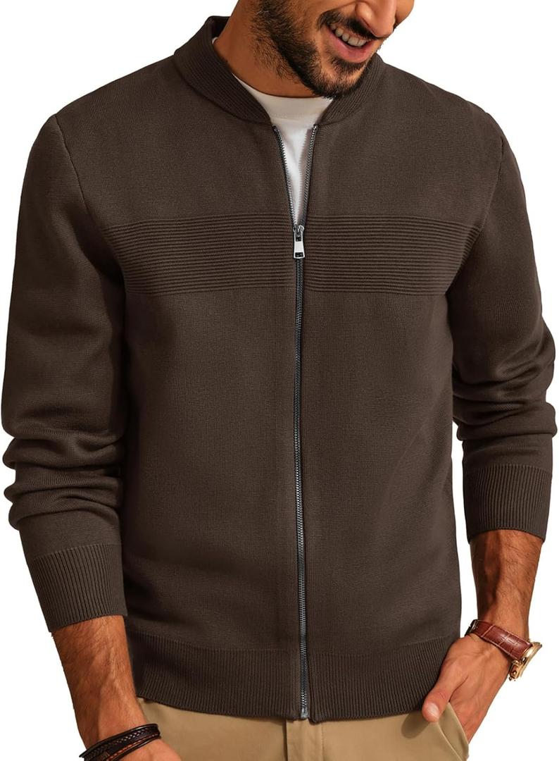 PJ PAUL JONES Mens Full Zip Cardigan Sweater Stand Collar Regular Fit Knit Sweaters (Medium, Brown)