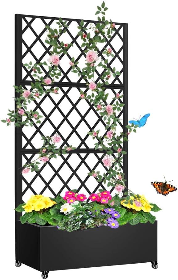 Metal Planter Box with Privacy Screen Trellis,Galvanized Raised Garden Bed On Wheels for Climbing Plants Vines, Standing Garden Flower Bed with Drainage Holes (Black, 35" L x16 W x 55" H)