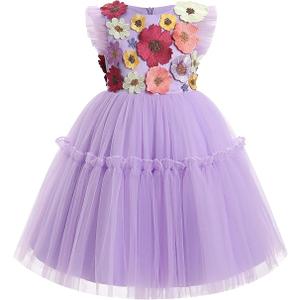 OBEEII Toddler Girls 3D Flower Tulle Dress Elegant Wedding Flower Girl Dress Princess Birthday Party Ruffle Dress Formal Sleeveless Baptism Pageant Dress Bowknot Mesh Ball Gown Dress Purple 7-8 Years