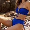 Women's Ruffle Bikini Set 2 Piece Swimsuit, Smocked Bandeau Top, High Waisted Bottom, Cheeky Coverage (Blue, L)