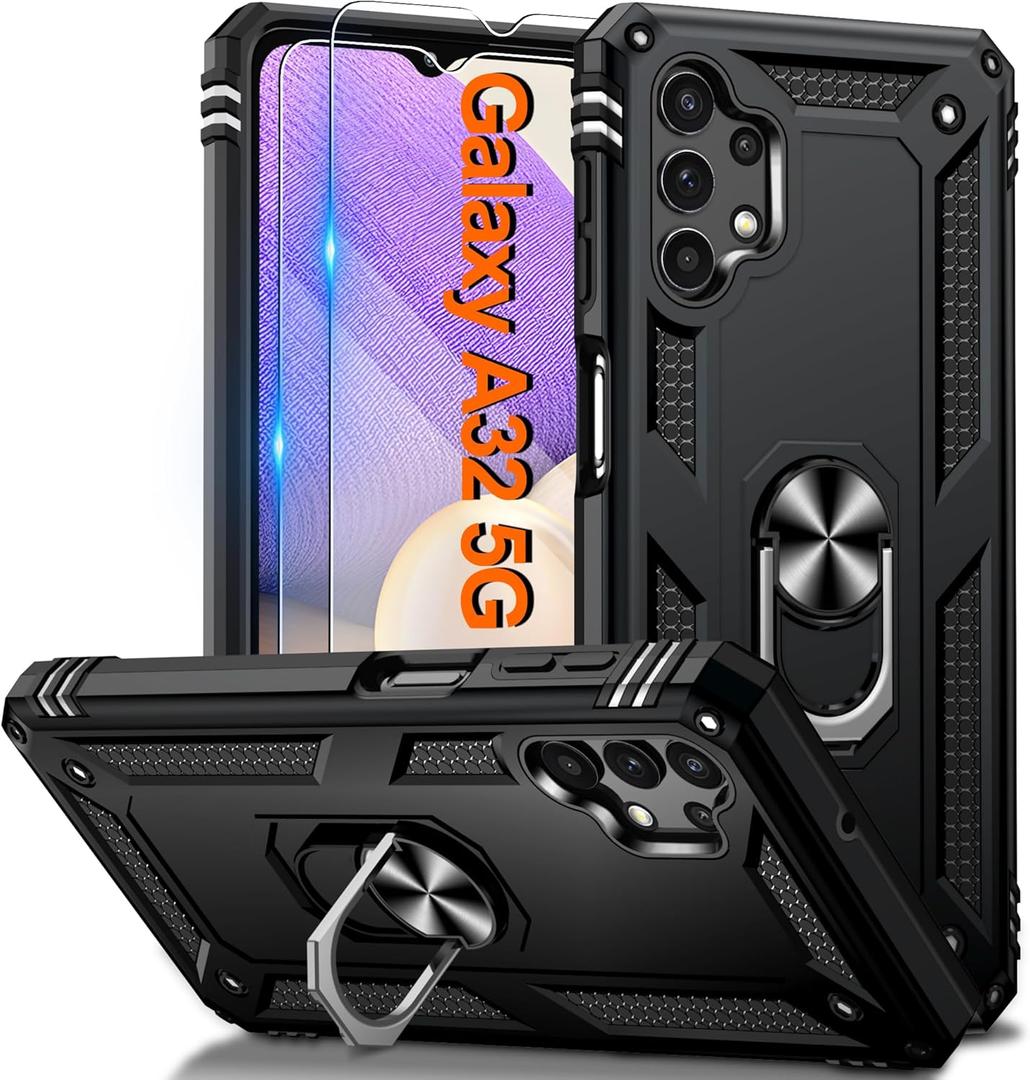 for Samsung Galaxy A32-5G Phoone Case with 2PCS HD Screen Protector, Heavy Duty Shockproof Magnetic Ring Stand [Military Grade] Protective Case for Galaxy A32 5G, Black