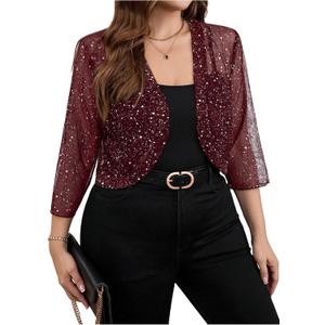 Floerns Women's Plus Size Mesh 3/4 Sleeve Open Front Bolero Party Cropped Cardigan Jacket (Burgundy, 4X-Large Plus)