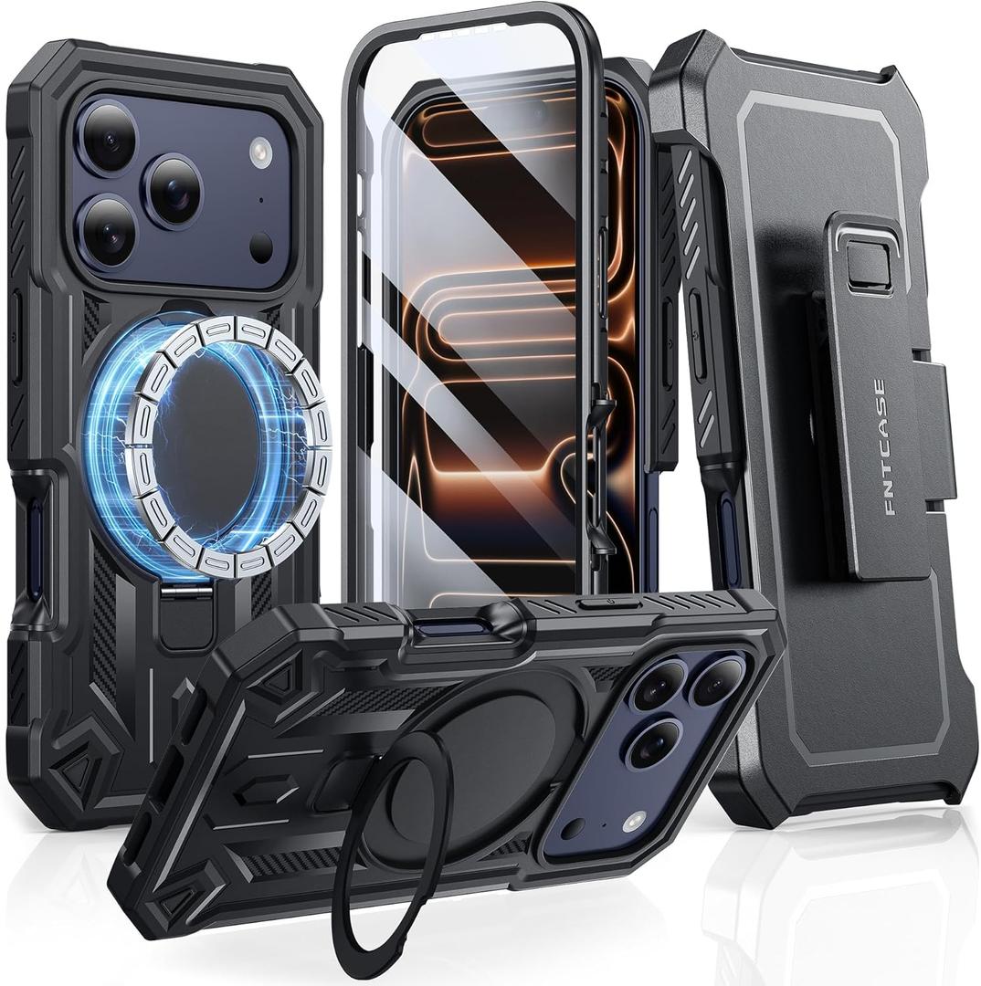 FNTCASE for iPhone 17 Pro-Max Case: with Kickstand [Built-in Screen Protector & Belt Clip] [Compatible with MagSafe] Military Grade Shockproof Rugged Hard TPU Magnetic Phone Cover Black