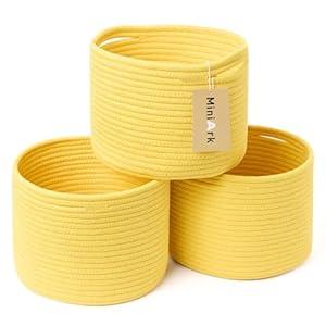 MiniArk Small Storage Basket for Organizing | Cube Shelf Closet Storage Baskets | 9.7×9.7×7.1” Cute Baby Basket for Nursery | Woven Rope Basket Bins | Gift Basket Easter | Round 3 Packs Yellow