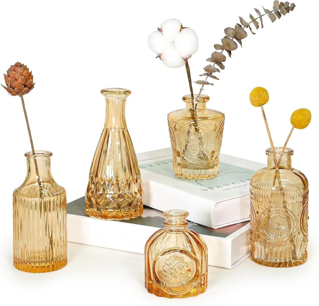 Glass Bud Vase Set of 5, Gold Amber Small Flower Vases for Centerpieces in Bulk, Mini Vintage Vase for Rustic Wedding, Home, Table Decoration