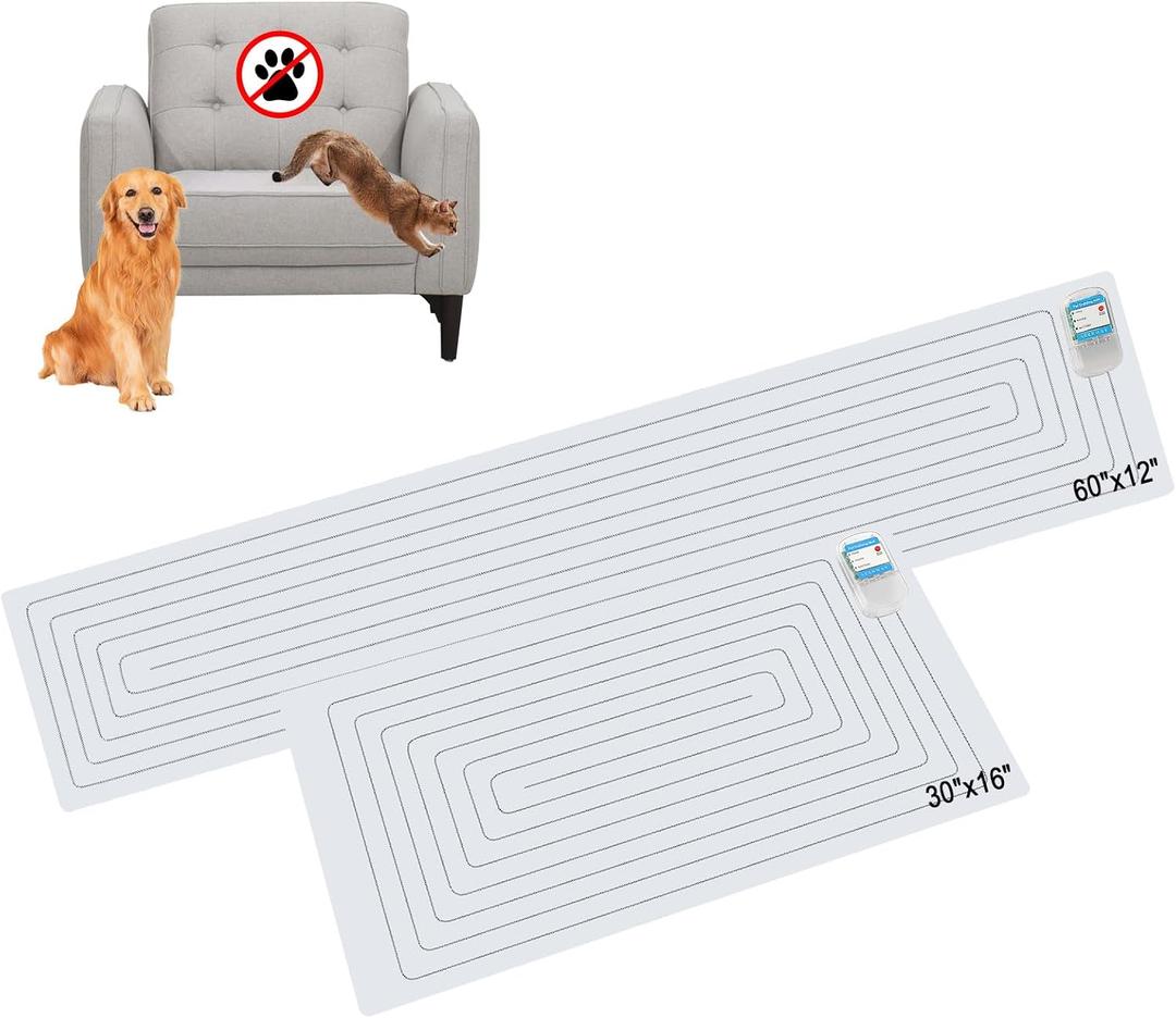 SEERWAY Scat Pet Shock Mat 2 Pieces in Different Size, Shock Pads for Dogs and Cats Training Indoor, Electric Repellent Mat Keeps Pets Off Couch, Sofa, Countertop, 3 Modes (60" x12 + 30"x16")