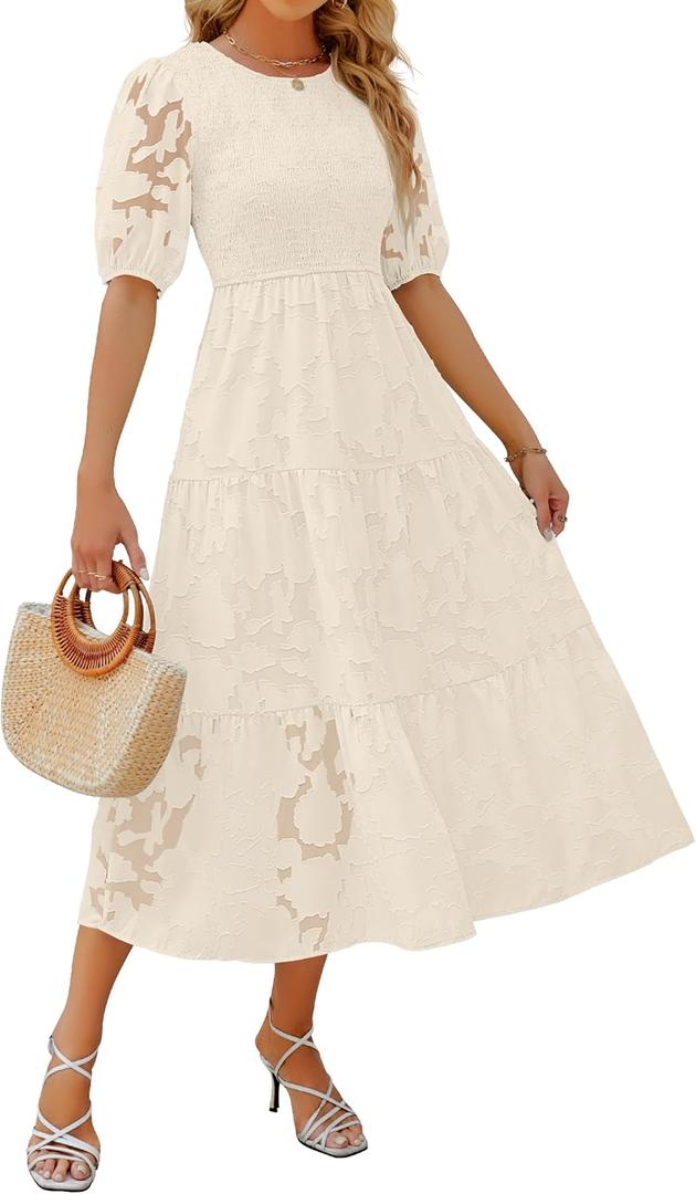 ZESICA Women's 2026 Summer Short Puff Sleeve Crewneck Smocked Floral Lace Flowy A Line Tiered Maxi Dresses (Beige, L)