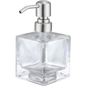 Square Bathroom Soap Dispenser Brushed Nickel, Glass Bottles with Stainless Steel Pump Cube Liquid Soap Dispenser Hand Kitchen (8.4oz-Square)