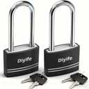 Diyife Padlock with Key, [2 Pack] [Waterproof] Lock with Key, Long Shackle Padlocks for Outdoor Anti-Rust, Small Covered Aluminum Padlock with 4 Alike Keys for Gym Locker, Fence, Shed (Black)
