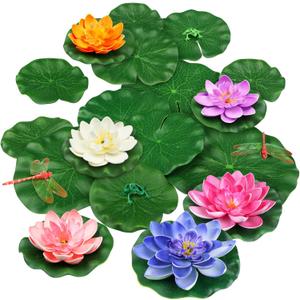 22 Pack Artificial Floating Foam Lotus Flowers with Artificial Frog Lotus Leaves, Lily Pads for Lake, Pond Plants Ornaments for Pool Water Decoration, Colorful, 4.5"D x 1.3"W x 6.5"H