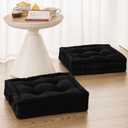 Square Floor Pillows for Adults Kids - Meditation Floor Pillow Seating Cushion - Tufted Floor Cushion with Shredded Foam & Velvet Cover, 2 Pack, 20x20 Inch, Black