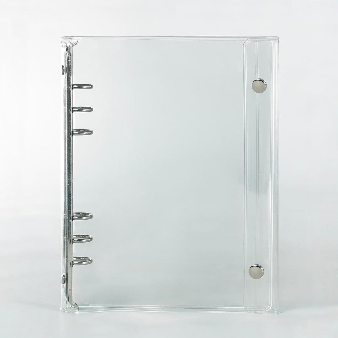 A5 6-Ring Binder with PVC Clear Soft Cover  6 Hole Punch for A5 Refill Paper, Stainless Steel Roud Rings Protector Shell, Snap Button Closure (185 x 230 x 25mm)