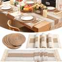 Boho Placemats 4 Set of Round Woven Placemat Macrame Style Bicolor Stitching Long Table Runner Farmhouse Rustic Natural Burlap Cotton for Kitchen Dining Table(4 Sets,Brown,12x72)