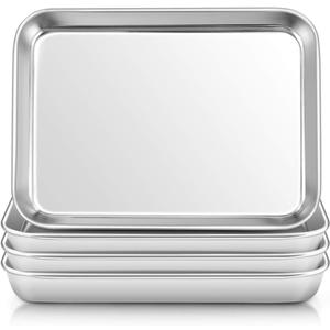 E-far Stainless Steel Kids Plates, 4 Pieces Mini Metal Dinner Dish Set for Kids Toddler Child, 7.3 x 5.3 x 0.75, Non-Toxic & Dishwasher Safe, Great for Self-Feeding/Picnic/Outdoor Camping