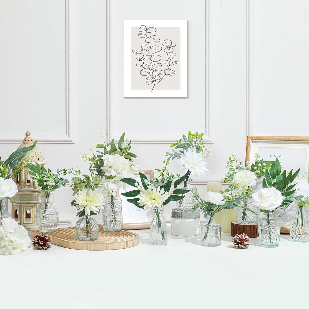 108 Pcs Artificial Flowers in Vase 96 Pcs Faux Greenery Stem Table Centerpiece Fake Plants Silk Roses Arrangement 12 Pcs Glass Vase Sets for Wedding Bathroom Home Dining Decor(Clear)