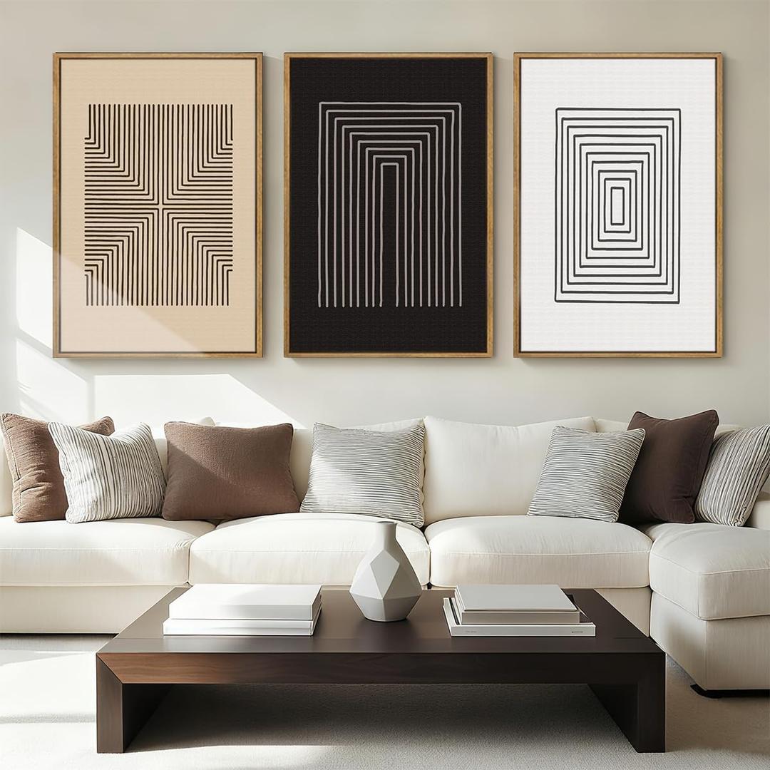 Anyzal Extra Large Abstract Black Framed Wall Art 24x36 Inch Boho Modern Canvas Wall Decor Brown White Minimalist Art prints for Living Room Bedroom Office Set of 3