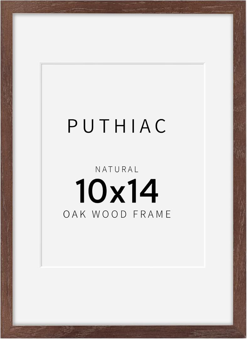 puthiac 10x14 Solid Oak Wood Picture Frame, Fits 8x10 with Mat or 10x14 Without Mat, Wall Display Only, Vertical or Horizontal, Plexi Front, 1 Pack, Walnut