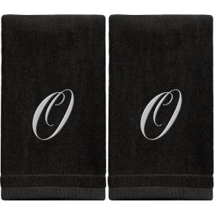 Monogrammed Towels Fingertip, Personalized Gift, 11 x 18 Inches - Set of 2 White Embroidered Towel - Extra Absorbent 100% Cotton - Soft Velour Finish - For Bathroom/ Kitchen/ Spa - Initial O (Black)