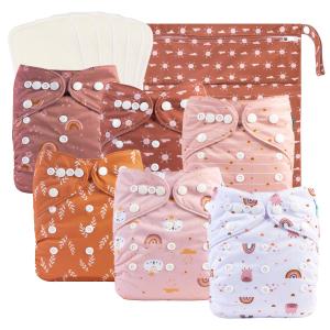 babygoal Baby Cloth Diapers 6 Pack with 6pcs Rayon from Bamboo Inserts and Wet Bag, One Size Reusable Washable Pocket Nappy Covers for Infant Boys and Girls 6FG04 (Boho-cloud,rainbow,sun)