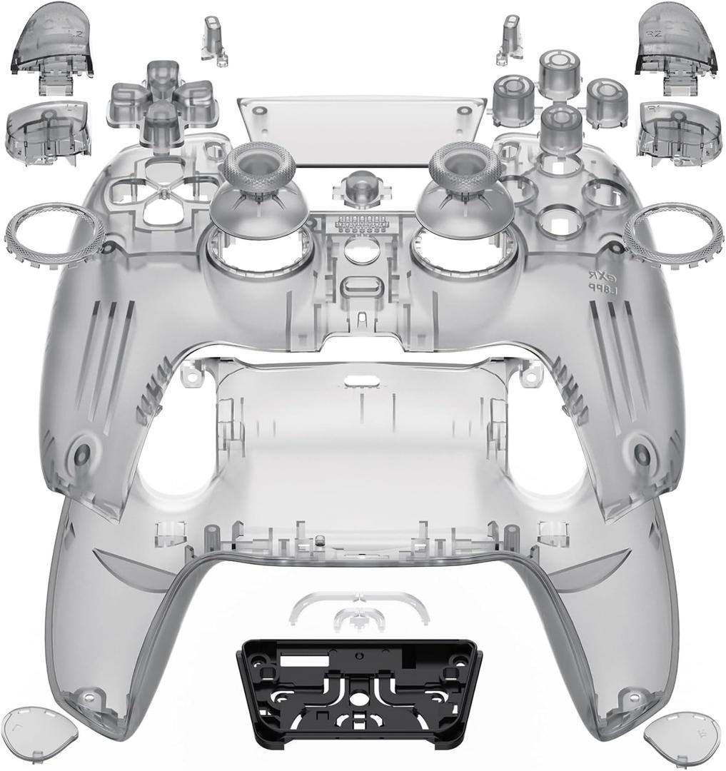 eXtremeRate Luna Redesigned Full Set Shell Buttons Touchpad Cover Compatible with ps5 Controller BDM-030 BDM-040 BDM-050, Clear Black Replacement Top Bottom Cover Case Compatible with ps5 Controller