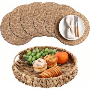 BSSN Woven Placemats Set of 6 with Water Hyacinth Storage Basket, Natural Woven Table Mats for Dining Table, Handmade Boho Wicker Place Mats, Heat-Resistant Round Farmhouse Table Decor (Cattail Khaki)