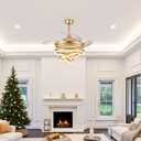 42 Inch Retractable Ceiling Fan with Lights, Gold Fandelier Ceiling Fans with Light and Remote, Reversible, 6 Speed Dimmable LED Chandelier Ceiling Fan for Bedroom Living Room Dining Room, 3000K-6000K