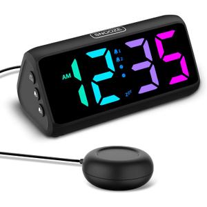 Netzu Loud Alarm Clock for Heavy Sleepers, Plug-in RGB Vibrating Alarm Clocks with Bed Shaker, 5 Dimmers, 2 Alarms and Snooze for Bedrooms Hearing Impaired Deaf Adults (Black)