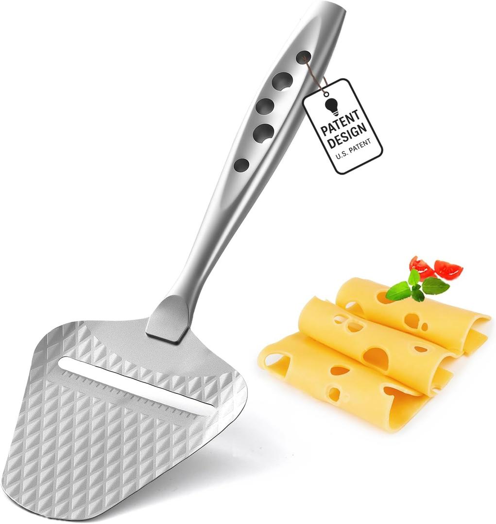 Premium Cheese Slicer  Effortless Slicing for All Cheese Types  Multi-Functional Cheese Cutter - Stainless Steel Cheese Plane  Quilted Pattern Reduces Resistance, Non-Stick, Ergonomic Handheld Grip