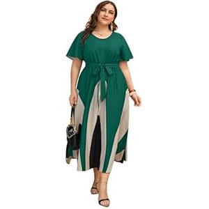 WDIRARA Women's Plus Size Color Block Short Sleeve Belted A Line Flared Midi Dress Green and White 2XL