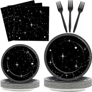 Qyeahkj 100Pcs Stars Birthday Party Decorations Galaxy Plates and Napkins Space Theme Paper Plate Supplies for Outer Spaces Disposable Tableware Set Baby Shower Night Sky Decor for 25 Guests