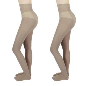 ERASILKEN-X 2-Pack Slightly Transparent Tights for girls & women, High Elasticity Sheen Glossy Pantyhose, Anti-Snag Stretchy,Versatile for Work Sports Dance Casual Daily Wear（L-Tan-Footed）