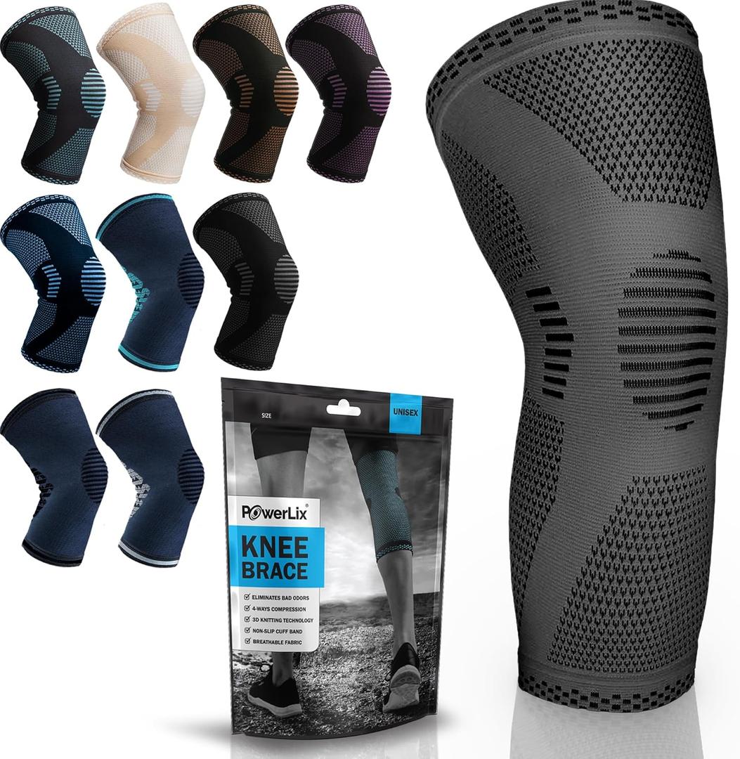 POWERLIX Knee Compression Sleeve - Best Knee Brace for Knee Pain for Men & Women Knee Support for Running, Basketball, Volleyball, Weightlifting, Gym, Workout, Sports - (Gray L)
