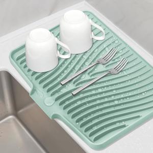 Silicone Dish Drying Mat for Kitchen Counter, Dish Drying Pad, Non-Slip Drain Pad with Built-in Drain, Heat Resistant Stone Drying Mat(15.8" x 13", Mint)
