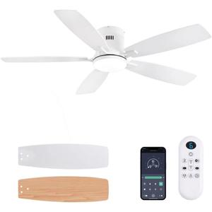52inch Flush Mount Ceiling Fans with Lights and Remote/APP Control, Dimmable LED, Reversible DC Motor, Noiseless, Low Profile White Ceiling Fan for Livingroom, Indoor/Outdoor Use