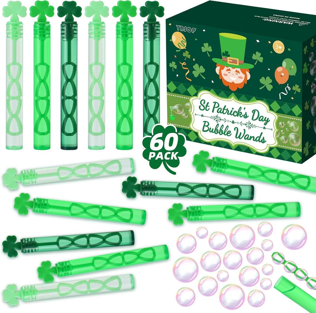 60 Pack St. Patrick's Day Bubble Wands, Mini Shamrock Bubble Toys for Kids Boys Girls St.Patrick's Day Party Favors Classroom Prizes Gift Exchange Goodie Bag Fillers