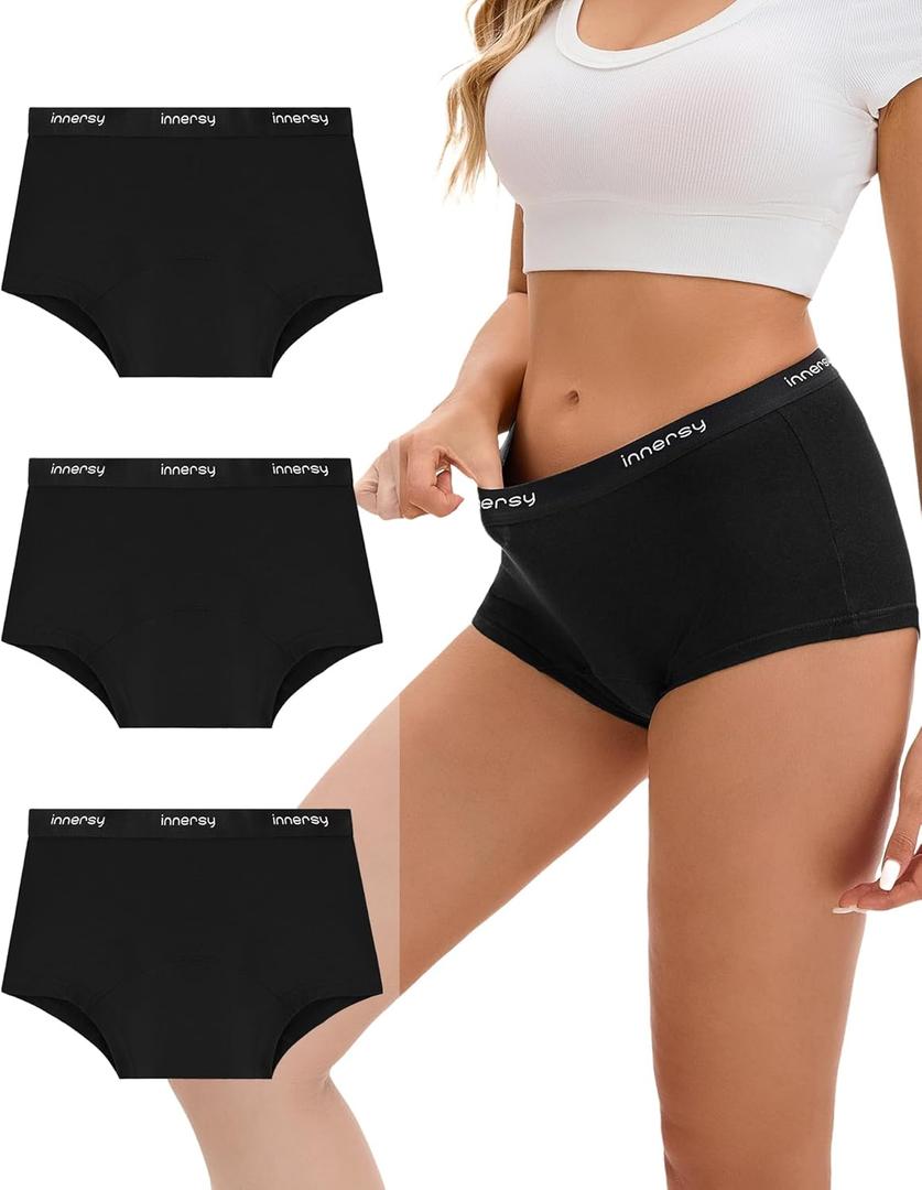 INNERSY Women's Period Boxers Underwear Leak Proof Menstrual Boy Shorts Panties 3-Pack (Medium, Black)