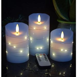 danip Sky Blue LED Flameless Candle with Embedded Starlight String, 3 LED Candles, 11 Key Remote Control, 24 Hour Timer Function, Dancing Flame, True Wax, Battery Powered. (Sky Blue)