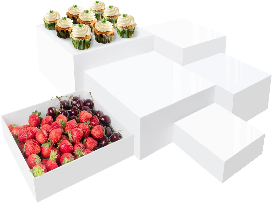 Buffet Risers, 6pcs Acrylic Display Boxes Cube Riser, Food Display Stands for Party Buffet Risers Cake Stand Acrylic Square Food Display Set Dessert Table Display Nesting Riser Jewelry Display Holder (White)