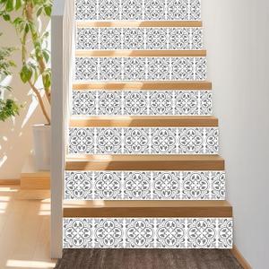 Peel and Stick Stair Riser Decals 15 Strips 39" x 7.1" Antique Pattern Tiles Stair Stickers Stair Decals Stair Risers Covers Wallpaper for Stairs Easy Installation Home Decor