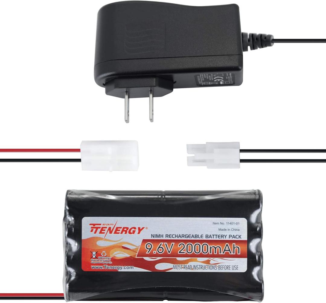 Tenergy NiMH Battery Pack 9.6V RC Battery, High Capacity 2000mAh Rechargeable Flat Battery w/Standard Tamiya Connector + 9.6V NiMH/NiCd Hobby Battery Charger w/Standard Tamiya Connector