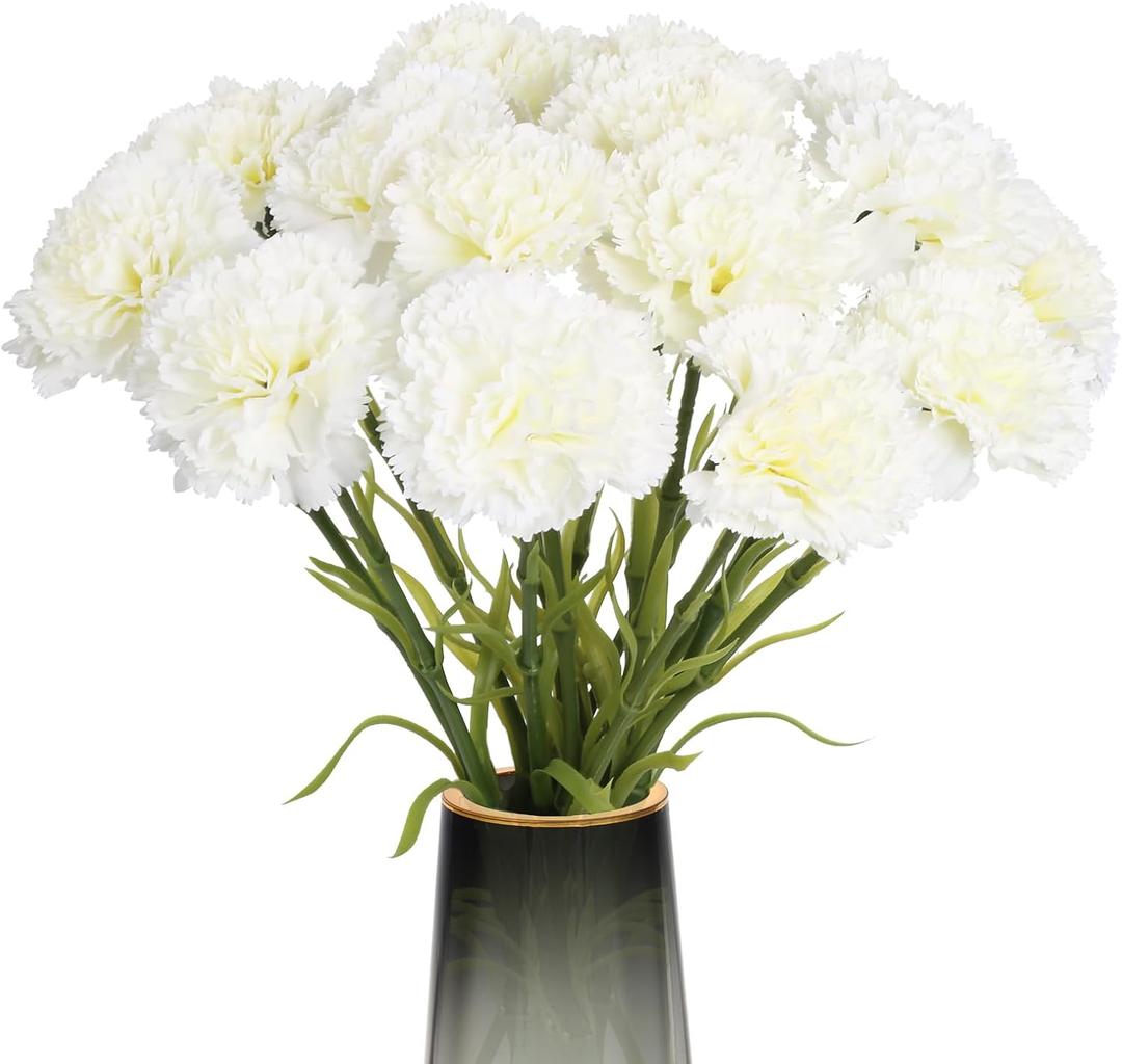 15PCS White Carnations Artificial Flowers 20.47" Long Stems Silk Carnation Fake Flowers Bulk for Wedding Table Centerpieces Bridal Shower Home Party Garden Decor(White)